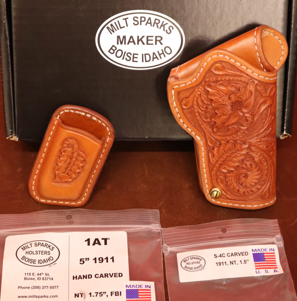 Hand Carved Milt Sparks Tan 1AT Set w/Matching S4C Mag Pouch -- 5" Govt 1911 -- Set #28